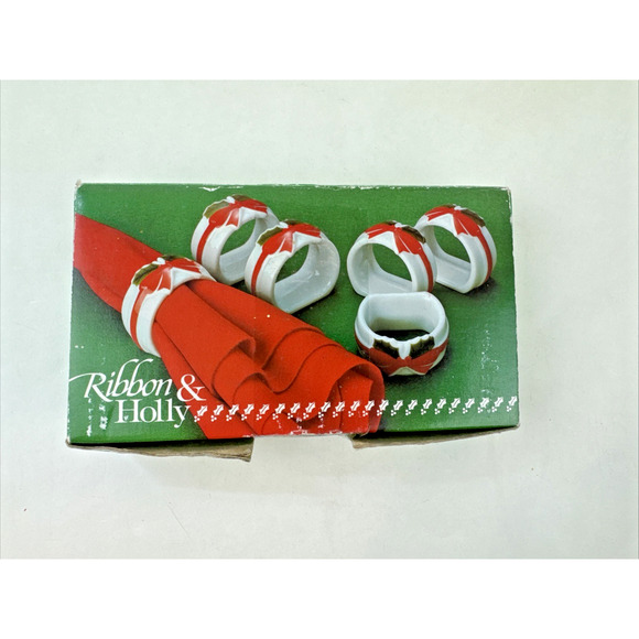Set Of 6 Ribbon And Holly Porcelain Napkin Ring Holders Vintage Japan 1986 - Picture 10 of 16